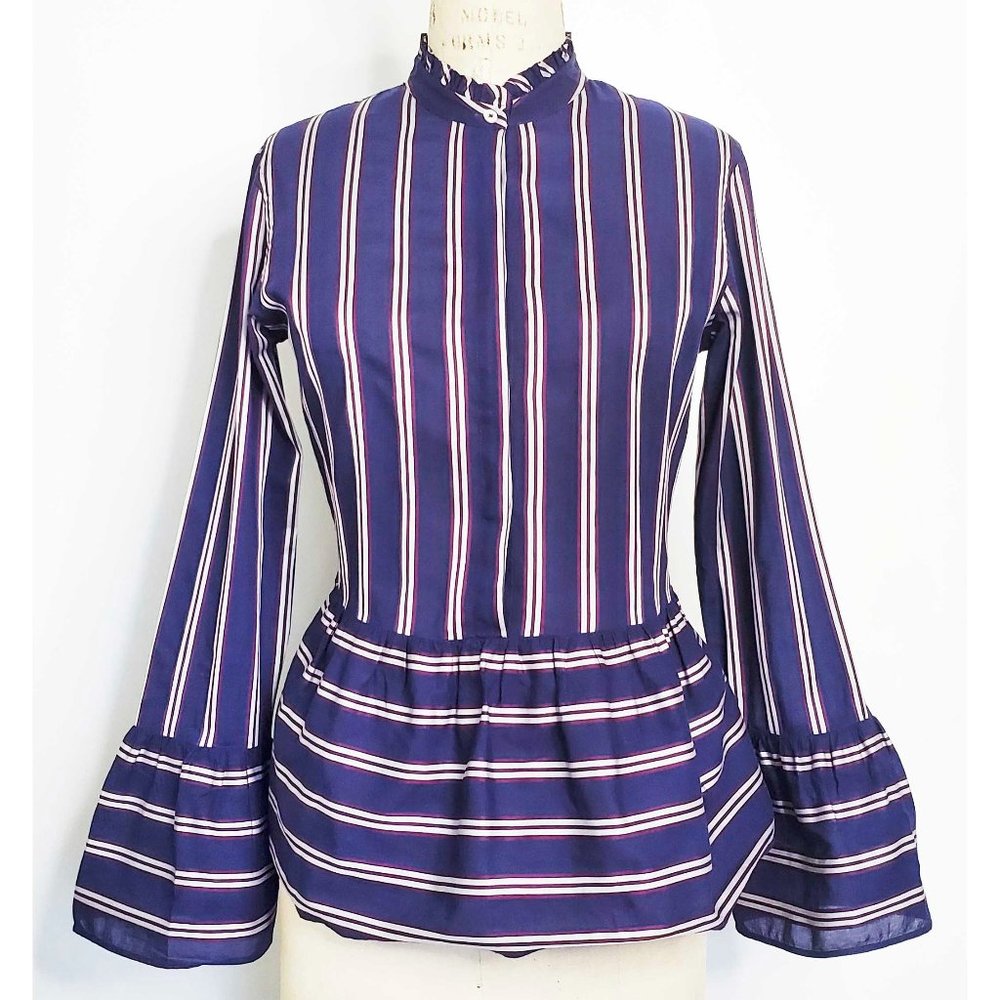 Le Sarte Pettegole Womens Navy Peplum Cotton Top Bouse Shirt Ruffle  Collar.